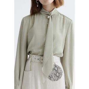 LILY dusty green faux pearl collar scarf tie blouse shirt xs